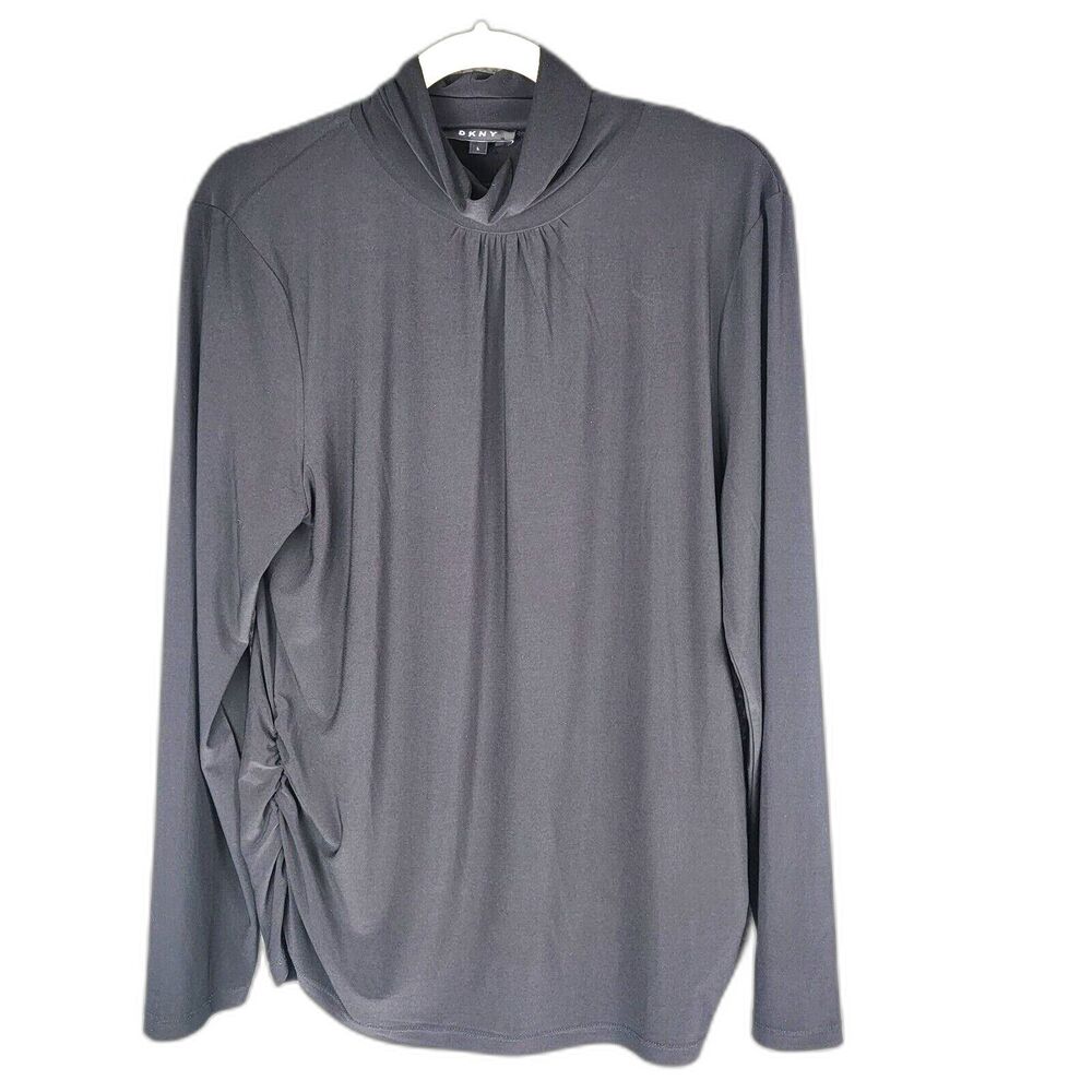 DKNY Womens Mock Turtleneck Blouse Large Witchy Goth Ruched Sides Stretchy Soft
